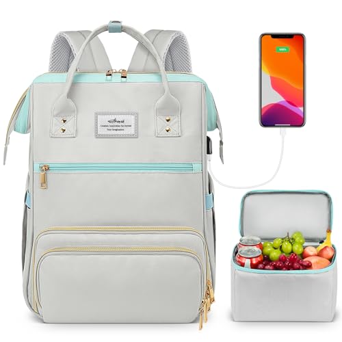 ETRONIK Lunch Backpack, 15.6 Inch Laptop Backpack with USB Port, Stylish Nurse, Teacher Work Bag with Insulated Cooler Lunch Box for Women Men, College Backpack for Travel, Grey Blue
