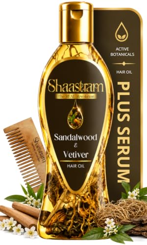 Image of Sandalwood & Vetiver Herbal Hair Oil (works like a serum) with Neem Comb | Lightweight Leave-On Oil with Active Botanical Infusion | Helps Cool Scalp, Relieve Itchy & Dry Scalp, Strengthen Roots & Control Frizz | Non-Sticky Hair Oil | 180 ml