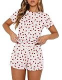 Ekouaer Cute Pajamas for Women Set 2 Piece Ribbed Pjs Short Sleeve Crop Top and Shorts Sleepwear Summer Soft Pajamas Set 2026 Y2K Lounge Sets Strawberry X-Small