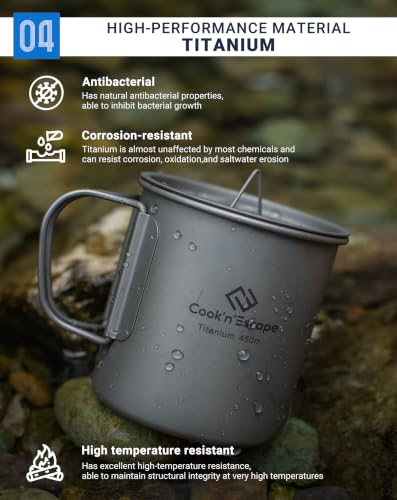 Image of COOK'N'ESCAPE Titanium Camping Pot, Camping Cookware Set, 2 in 1 Pots and Pans Set with Folding Handle, Ultralight Camping Frying Pan Open Over Fire Food Cooking for Outdoor Backpacking Hiking Picnic