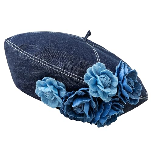 Béret de créateur floral Lanzom en denim bleu pour vos sorties décontractées en ville
