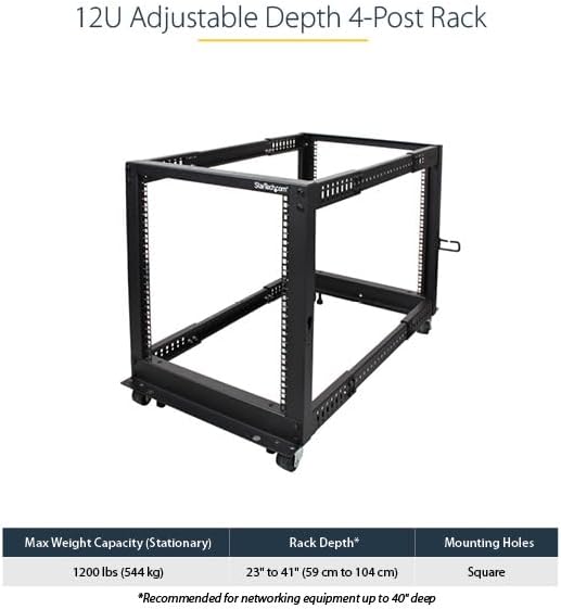 StarTech.com 4-Post 12U Mobile Open Frame Server Rack, 19in Network Rack with Wheels, Rolling Rack for Computer/AV/Data/IT Equipment - Casters, Leveling Feet or Floor Mounting (4POSTRACK12U) - Image 2