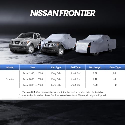 Image of Multi-Layer Nissan Frontier Truck Cover, Custom Fit Frontier 1998-2020 King /Crew Cab SB(4.6'-6.2') Car Cover Waterproof All Weather, Full Exterior Cover Rain Wind and UV Protection with Door Zipper