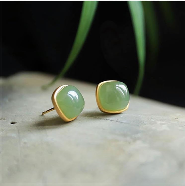 18K Gold Plated Green Jade Stud Earrings – Minimalist Square Natural Stone Earrings for Women - Image 4
