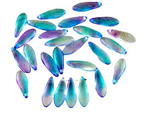 30pcs Crystal Blue Purple Rainbow Clear Czech Glass Dagger Beads Flat Leaf 5mm x 16mm