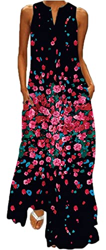 WINKEEY Damen Maxikleid Schmetterling Blumen Drucken Sommerkleid V-Ausschnitt Oversized Abendkleid, Kleine Rose 5XL