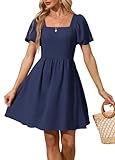 OFEEFAN Navy Blue Mini Dress Women's Summer Short Sleeve Square Neck Casual Party Dresses Elegant M