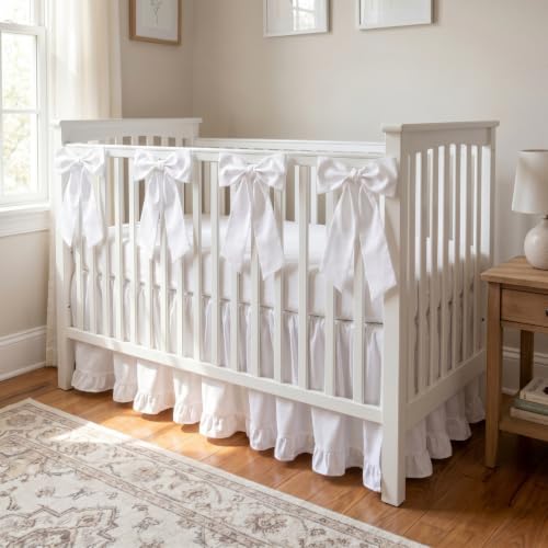 Image of Smoothnovelty White Crib Bed Skirts with 4 Large Cot Bow 28 inch x 52 inch,14 inch Drop