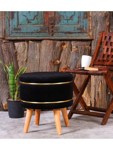Image of Pouffes Sitting Stool for Living Room, Puffy Wooden Ottoman | Round Pouffe for Living Room & Bedroom | Pouf for Office & Home Decoration & Modern Seating Stool (Stool-Black)