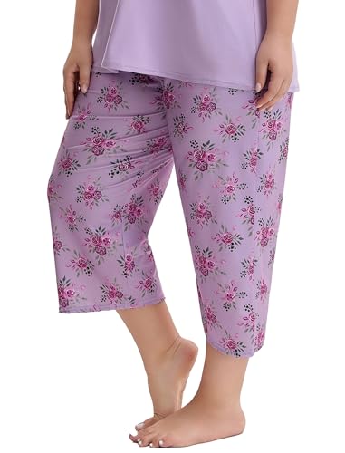 Image of Plus Size Pajamas for Women Set, Womens Plus Size Short Sleeve V Neck Capri Pants Pajama Sets with Pockets