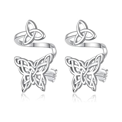 Sterling Silver Celtic Knot Butterfly Earrings Ear Cuffs Climbers Wrap Around Earrings for Women Ear Clip Hypoallergenic Ear Jewelry Gift, Metal, Cubic Zirconia Cover