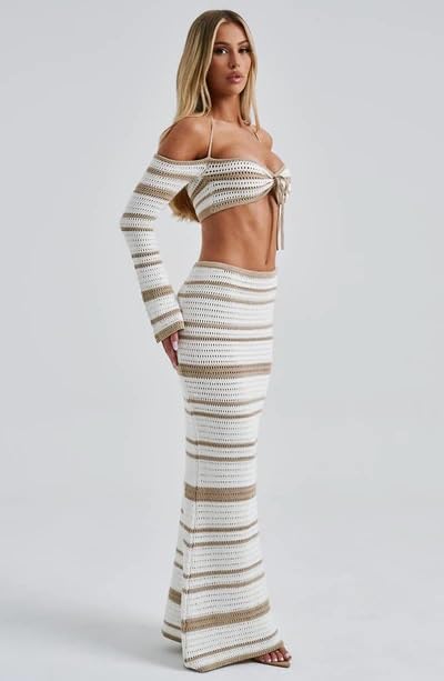 Set Gonna da Donna in Maglia all'Uncinetto in 2 Pezzi Top in Maglia con Volant Gonna Lunga Aderente a Righe Copricostume da Spiaggia Streetwear(Brown,L)