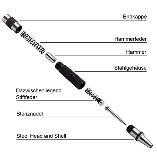 Automatischer Körner Metall, 2 Stück Automatik Körner, Center Punch mit 2 Ersatz-Stanzstempeln, für Holz, Glas, Stahlbleche, Metall