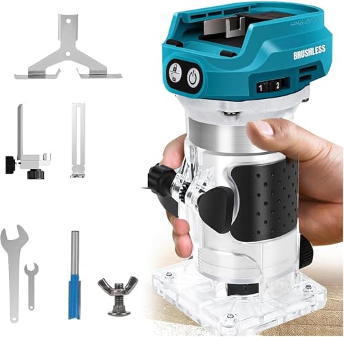 Akku Oberfräse kompatibel mit Makita 18V Akku,1400W Oberfräse Trimmer Einhandfräse Bürstenloser, Holztrimmer mit 6 Geschwindigkeit, 30000 U/min Akku-Holzfräser auto reparatur ausbeulwerkzeug