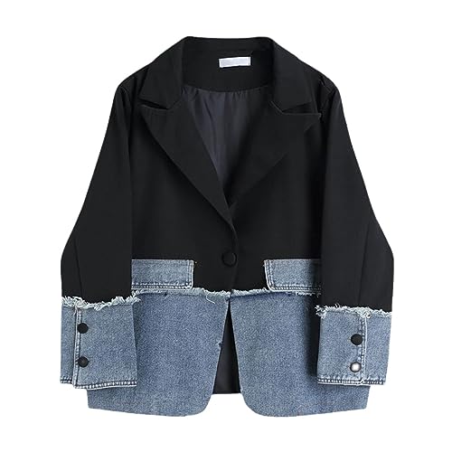 Streetwear Korean Fashion Women's Patchwork Denim Blazer Coat Female Black Jackets Outwear