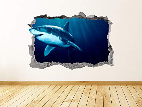 Shark Wall Decal Art Smashed 3D Graphic Great White Shark Wall Sticker Mural Poster Kids Room Decor Gift Up322 (24"W X 16"H Inches) #TOP2