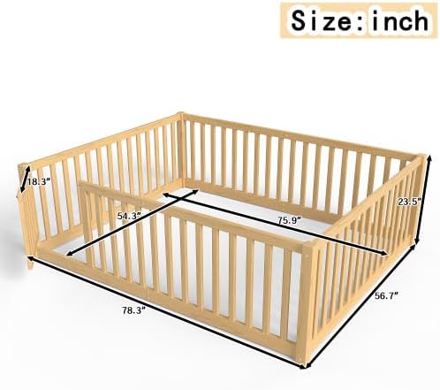 Bellemave Full Size Kids Floor Bed with Safety Guardrails & Door, Woode Montessori Floor Bed Frame, Kids Full Bed Frame for Girls Boys, White