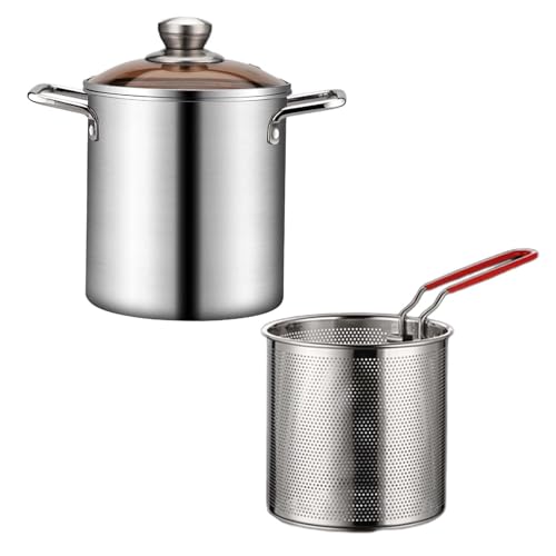 Freidora pequeña de Acero Inoxidable, sartén de Cocina, Mini freidora de Aceite, Mini freidora for Muslos de Pollo Frito con Tapa(with Fryer Basket)