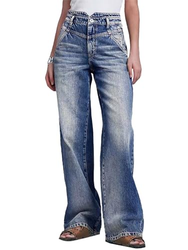 Flamingals Straight Leg High Rise Baggy Button Wash Stitch Detail Notched Denim Jeans with Pockets