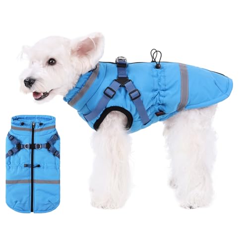 Norbi Dog Winter Coat with Harness Bulit in - Pet Warm Coats and Jackets for Small Medium Large Dogs with Reflective Stripes Blue M