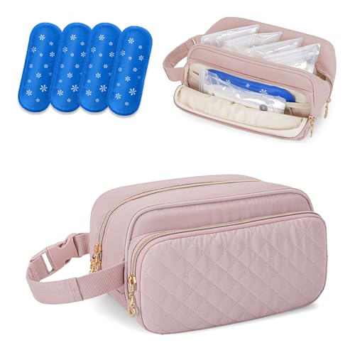 Image of Damero Breastmilk Cooler Bag with 4 Ice Packs, Breast Milk Cooler Travel Bag Fit for Milk Bags or Bottles, with Buckle Handle for Breastfeeding Moms Travel/Daycare, Pink