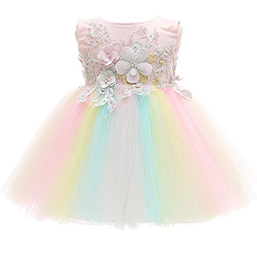 CareCheer Baby Girl Dresses Rainbow Christening Baptism Gown Flower Girl Dress with Flower Embroidered