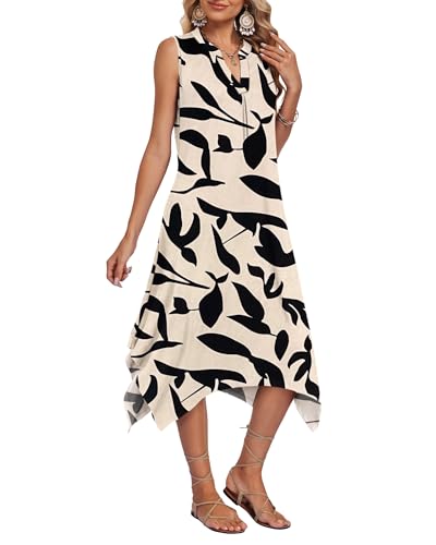 Image of AUSELILY Womens Summer Midi Dress V Neck Sleeveless Casual with Pockets | Flowy womens summer dress with asymmetrical hem, great for beach, vacation and daily wear