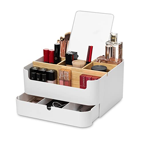 Hersoo Drehbare Make-up-Box Mit Spiegel – 4 Ebenen, 10 Fächer, Goldener Rand, 360° Drehbar