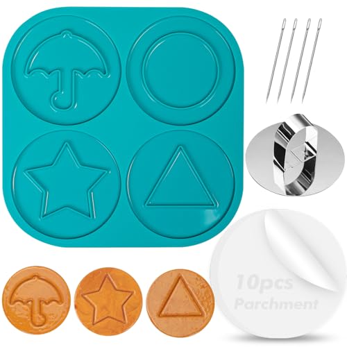 Webake Dalgona Kekse Set Silikon Korea Game Kekse Ausstecherformen Keksformen für Regenschirm Dreieck Stern und Runde Kekses mit 1 Presswerkzeug 4 Nadeln 10 Silikonöl-Papier