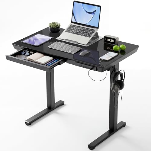Image of Claiks Small Glass Standing Desk with Drawers & USB Ports 35x19 Black