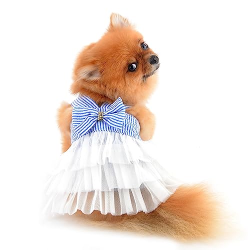 PAIDEFUL Small Dog Dress Striped Denim Organza Bow Beads Tutu Skirt Summer Soft Comfortable Breathable Puppy Clothes Sleeveless Button Kitten Apparel - Image 2