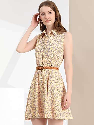 Image of Allegra K Women's Floral Printed Half Placket Above Knee Summer Sleeveless Belted Dress