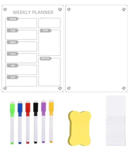 Lot de 2 calendriers en acrylique pour réfrigérateur - Planificateur hebdomadaire effaçable - Magnétique avec 8 marqueurs de couleur - Planificateur ménager - Tableau mémo