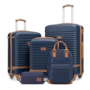 COOLIFE Koffer Trolley Koffer Reisekoffer von ABS Hartschalen Trolley 4 Rollen TSA-Schloss Der Koffer Enthält 1 Reiserucksack und 1 Kulturbeutel (Blau/Braun, Koffer-Set 5tlg)