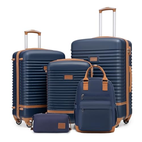 COOLIFE Koffer Trolley Koffer Reisekoffer von ABS Hartschalen Trolley 4 Rollen TSA-Schloss Der Koffer Enthält 1 Reiserucksack und 1 Kulturbeutel (Blau/Braun, Koffer-Set 5tlg)