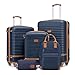 COOLIFE Koffer Trolley Koffer Reisekoffer von ABS Hartschalen Trolley 4 Rollen TSA-Schloss Der Koffer Enthält 1 Reiserucksack und 1 Kulturbeutel (Blau/Braun, Koffer-Set 5tlg)