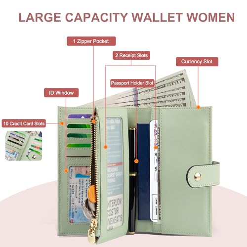 Image of yiijay Womens Wallet RFID Blocking Vegan Leather Trifold Clutch Credit Card Holder Ladies Travel Wallet Purse with Pen Holder, Green