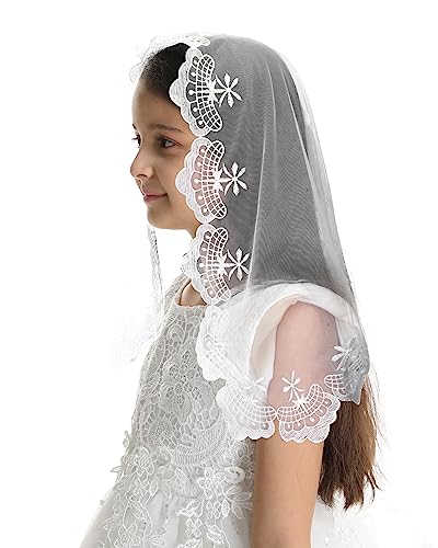 Bozidol Girls First Communion Veil - Short Triangle Lace Mantilla Catholic Chapel Mass Head Coverings Church Veil for Kids3