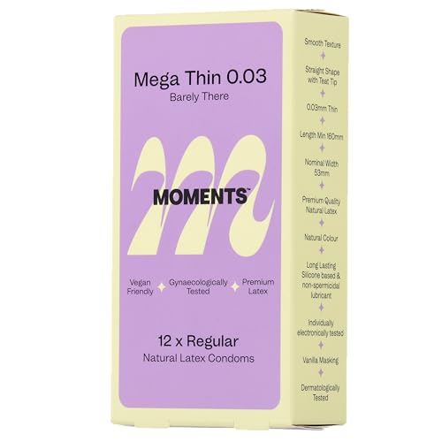 Moments Mega Thin 0.03 Condoms - 20% Thinner, Extra Lubricated, Premium Quality Natural Latex, Vegan, Gynaecologically & Dermatologically Tested (Pack of 1 (12 Counts))