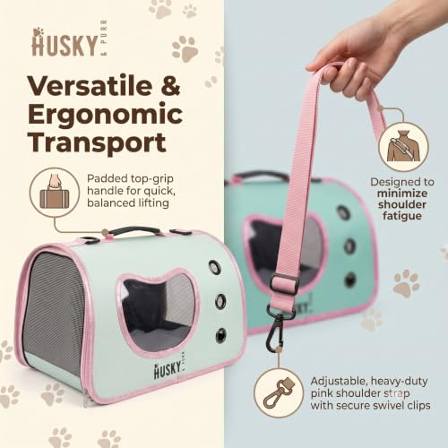 Image of Husky & Purr Pet Carrier Bag for Cats and Small Dogs | Compact Cat Carrier Bag with Heart Window | Breathable Mesh Dog Carrying Bag | Portable Cat Bag for Travel & Vet Visits | Holds up to 5kg