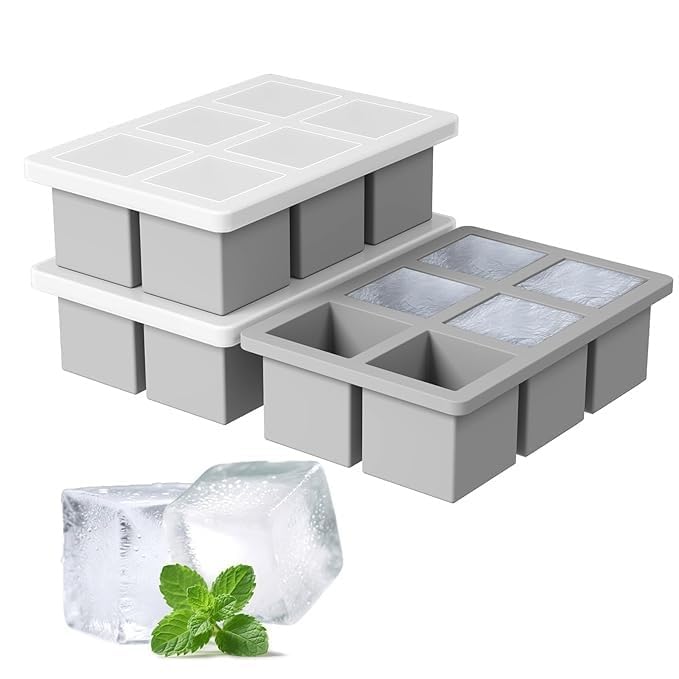 Image of Ice Cube Molds with Lid,Big Silicone Ice Cube Tray for Whiskey,2Inch Square Ice Cube Tray,Easy-Release Ice Mold,Giant Ice Cubes for Bourbon Cocktail (3, Grey)