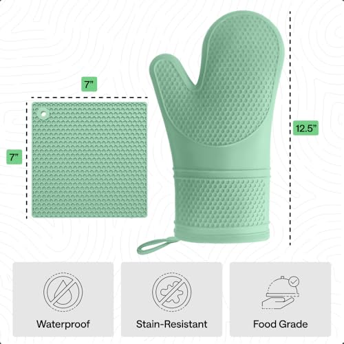 Image of GORILLA GRIP BPA-Free Soft Silicone Oven Mitts and Pot Holders Sets of 4, Heat Resistant Waterproof Cooking Gloves, Thick Cotton Lining, Flexible Gripping for Baking Grilling, Kitchen Trivets, Mint