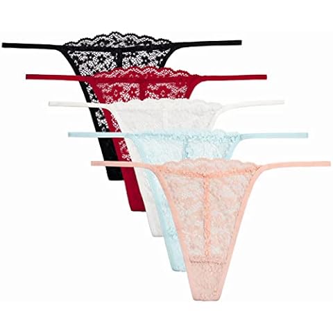 UWOCEKA Women's Thongs, Pack 5 T Back Low Waist See Through Panties Seamless Lace Thongs for Women(M) Cover