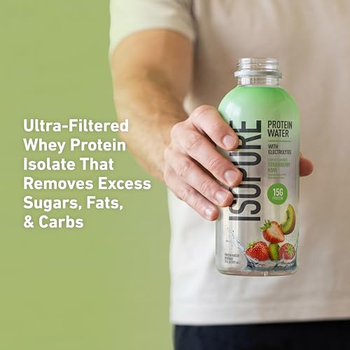 Image of Isopure Clear Protein Water with Electrolytes, 15g Whey Protein Isolate, Zero Sugar, Strawberry Kiwi, 20 fl oz, 12-Pack