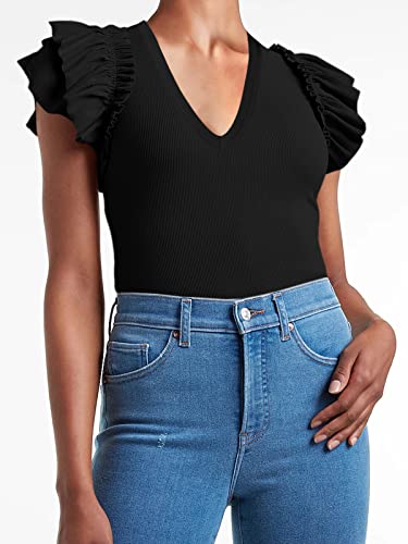 Womens Ruffle Tank Tops Summer Dressy Casual V Neck Slim Fit Ribbed Knit Sleeveless Shirts2