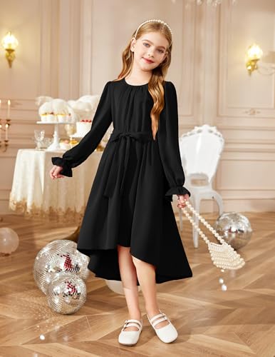 Arshiner Girls Long Sleeve Dress Fashion High Low Flowy Swing Semi Formal Party Dresses with Belt3