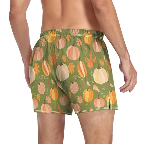 Pumpkin Autumn Leaves Men's Cotton Boxer Shorts Underwear Sleep Shorts with Button Fly Pajama Bottoms4