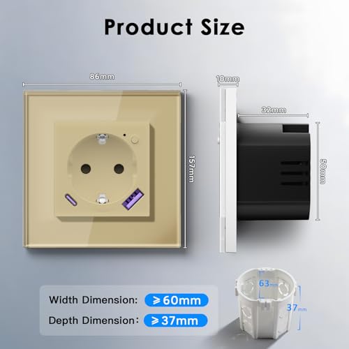 BSEED Wlan Schuko Steckdose mit USB C 20W Schnellladegerät,Smart Wifi Steckdose Unterputz mit Strommessung,Arbeit mit Alexa/Google Home,Stromzähler für Wandsteckdose mit Smart Life App,1 Fach Gold