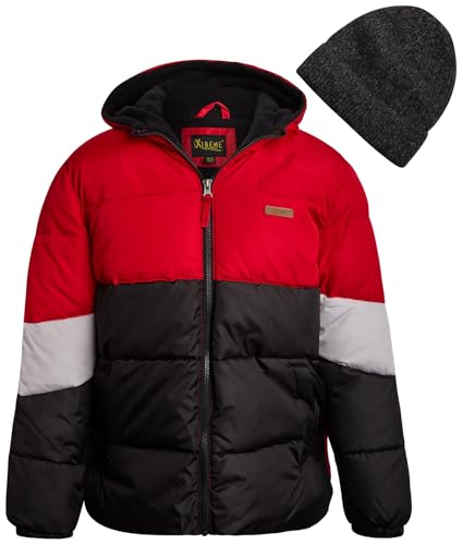Image of iXtreme Boys Winter Jacket - Fleece Lined Bubble Puffer Jacket With Winter Hat - Waterproof Outerwear Jackets & Coats (8-18), Size 14-16, Urban Red