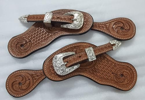 LEATHERRIDE Leather Spur Straps for Horse Riders Western Set of 2 Single Tooled Boots Equipment for Men and Women Brown